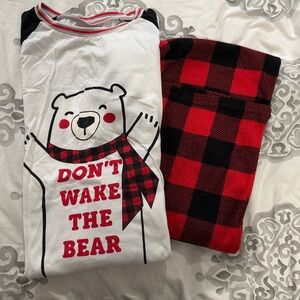 Holiday Time Red and White Long Sleeve Shirt & fleece pants pajamas set